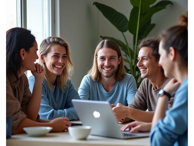 Grupo diverso de adultos interactuando y riendo en un ambiente de apoyo, simulando un foro en línea.