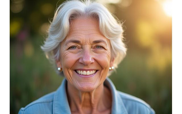 Mujer sonriendo y sintiéndose cómoda, representando equilibrio hormonal.