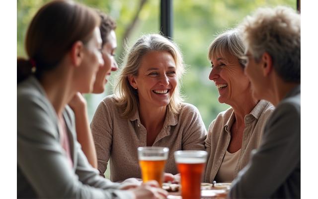Amigos riendo juntos en una cafetería, disfrutando de la compañía.