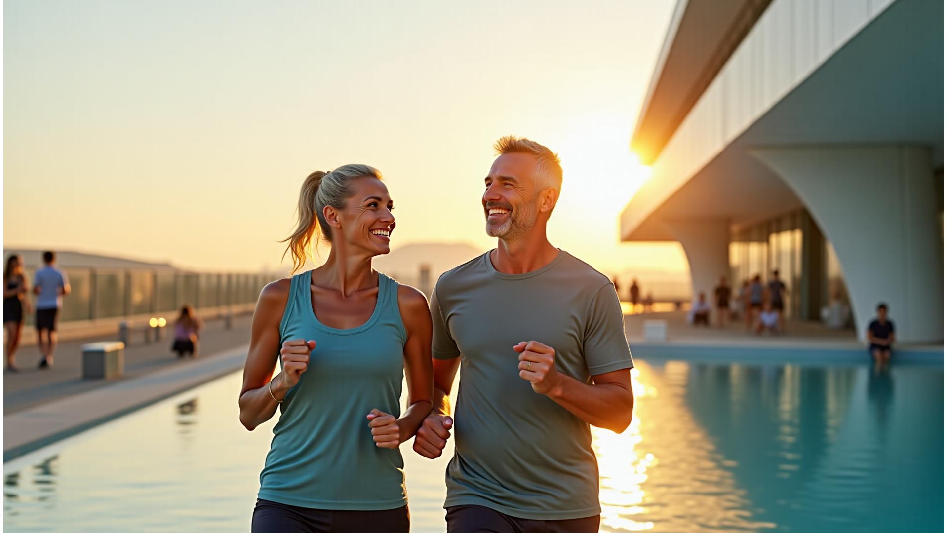 Pareja adulta sonriente y activa haciendo ejercicio al aire libre junto a la Ciudad de las Artes y las Ciencias en Valencia, disfrutando de una vida saludable.