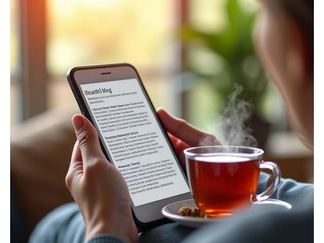 Persona leyendo un artículo en su móvil en un entorno sereno, con una taza de té, symbolizing el blog de expertos de Vida Serena.