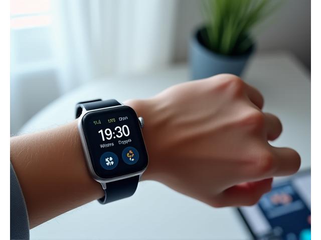 Una mano con un smartwatch mostrando datos de salud, conectado a un teléfono, simbolizando la integración con dispositivos de salud de Vida Serena.