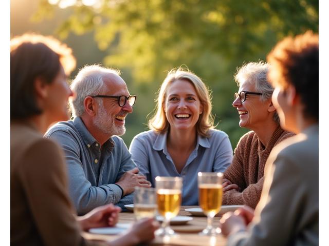 Grupo de amigos adultos riendo y conectados en un entorno natural o social agradable, simbolizando conexión y superación del aislamiento social.