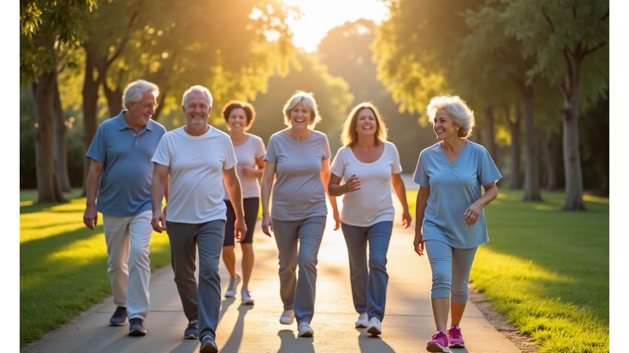 Vista amplia de un grupo diverso de adultos caminando relajadamente en un parque soleado, simbolizando bienestar y longevidad activa.