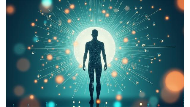 Gráfico abstracto que conecta personas, ciencia y tecnología, representando la misión de Vida Serena.