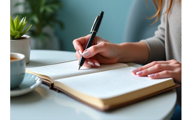 Persona escribiendo en un cuaderno con una taza de té, en un ambiente relajado y con plantas.