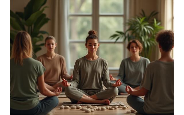 Grupo de personas meditando en un círculo, con expresión de serenidad, en un ambiente tranquilo.