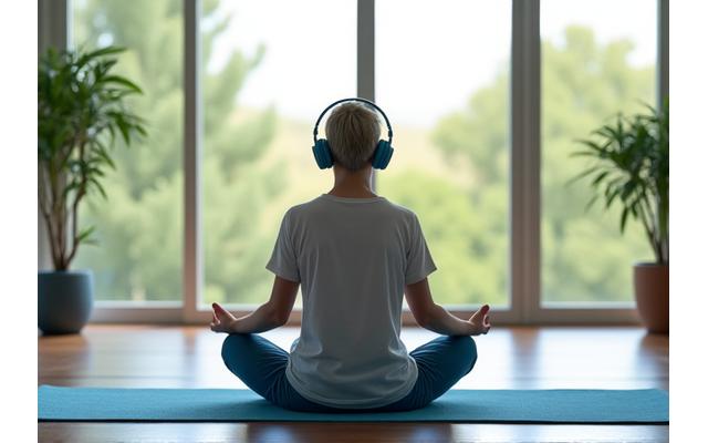 Persona meditando al aire libre, con auriculares, en un entorno sereno con luz suave.