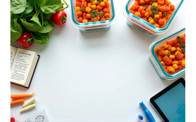 Persona preparando alimentos saludables en una cocina moderna, con vegetales frescos y recipientes de comida preparada.