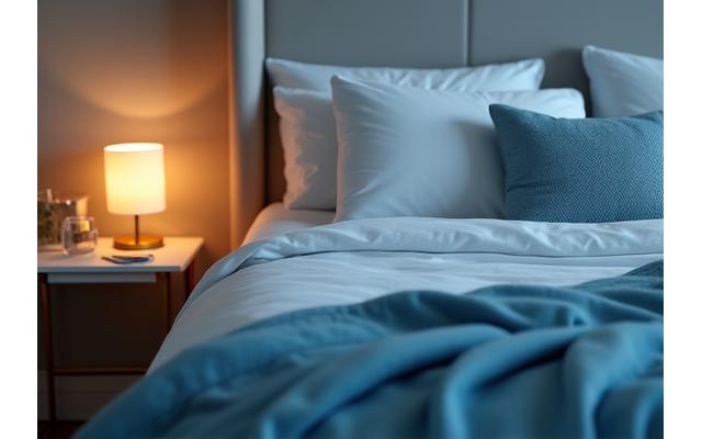 Dormitorio tranquilo y acogedor con sábanas limpias y una iluminación tenue.