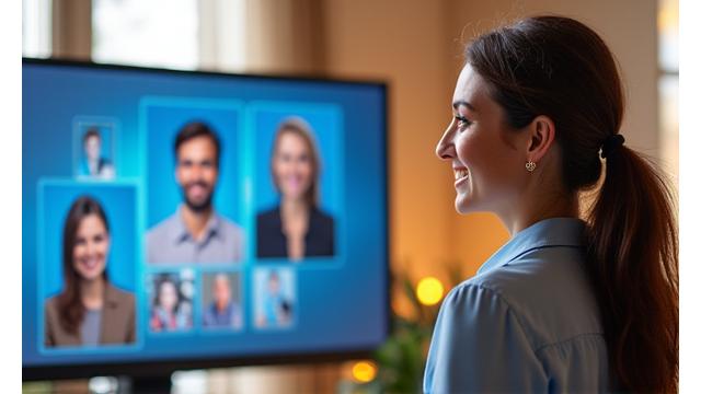 Mujer sonriendo mientras interactúa en un taller virtual de Vida Serena, con una pantalla mostrando a otros participantes y al instructor.